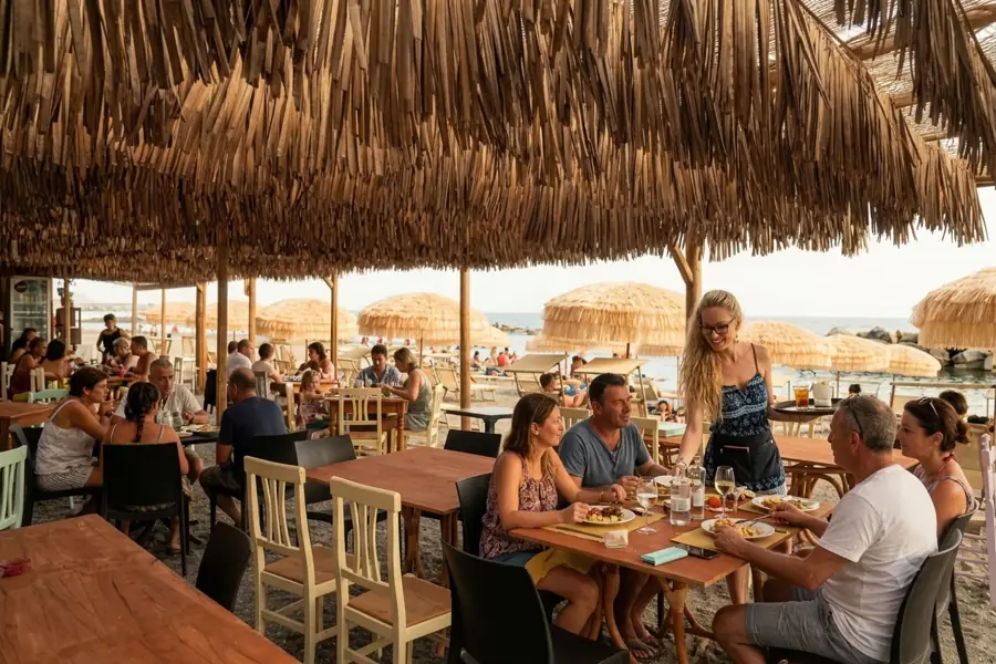 Servizio ai Bagni La Playa di Chiavari: tavoli pieni sulla spiaggia al tramonto